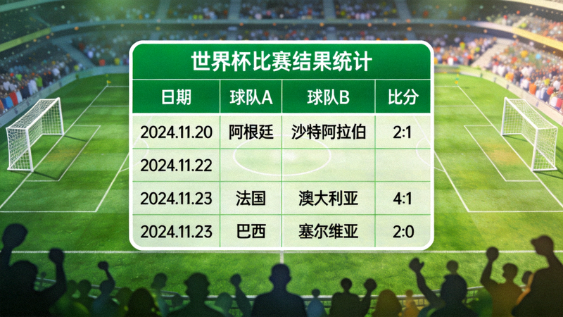 世界杯比赛结果统计表格与球场背景融合图